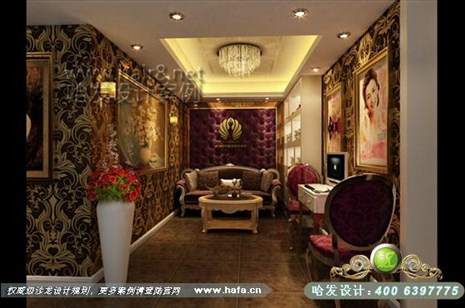 江苏省常州市常州唯美国际美容美发会所花色华丽的壁纸和软装的搭配表现舒适的家居环境。美容院装修设计案例