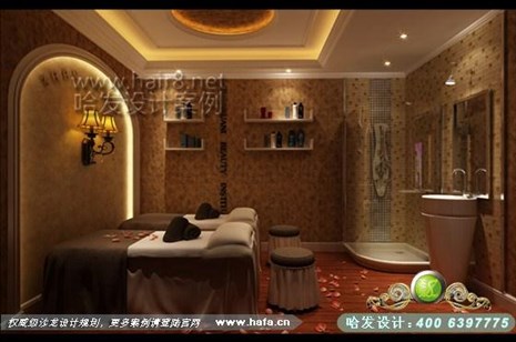 震轩美容美发沙龙温柔舒适的灯光结合柔软的软装配置，和谐统一。美容店装修设计案例