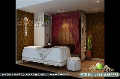 江苏省常州市常州唯美国际美容美发会所花色华丽的壁纸和软装的搭配表现舒适的家居环境。美容院装修设计案例